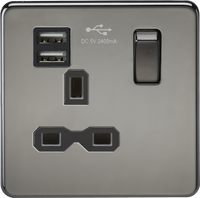Knightsbridge SFR9124BN Screwless 13A 1G Switched Socket + 2xUSB (2.4A) - Black Nickel + Black Insert