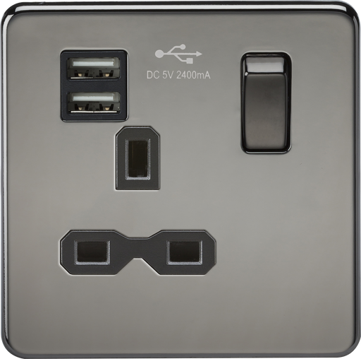 Knightsbridge SFR9124BN Screwless 13A 1G Switched Socket + 2xUSB (2.4A) - Black Nickel + Black Insert - westbasedirect.com
