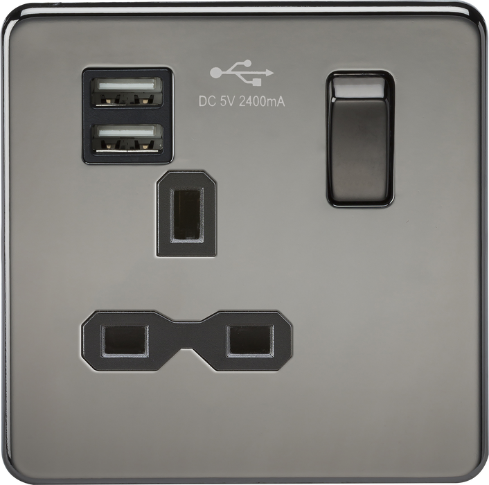 Knightsbridge SFR9124BN Screwless 13A 1G Switched Socket + 2xUSB (2.4A) - Black Nickel + Black Insert - westbasedirect.com