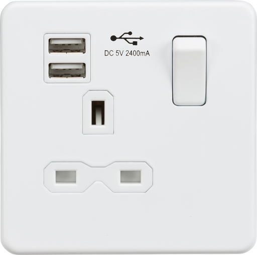 Knightsbridge SFR9124MW Screwless 13A 1G Switched Socket + 2xUSB (2.4A) - Matt White - westbasedirect.com
