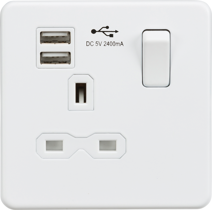 Knightsbridge SFR9124MW Screwless 13A 1G Switched Socket + 2xUSB (2.4A) - Matt White - westbasedirect.com