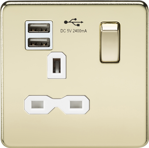 Knightsbridge SFR9124PBW Screwless 13A 1G Switch Socket + 2xUSB 2.4A - Polished Brass + White Insert - westbasedirect.com