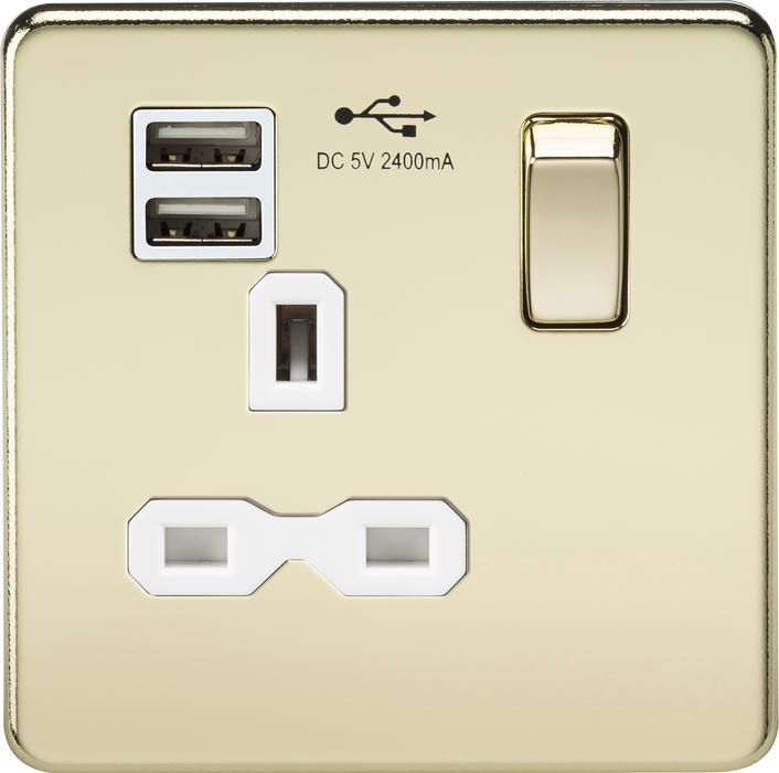 Knightsbridge SFR9124PBW Screwless 13A 1G Switch Socket + 2xUSB 2.4A - Polished Brass + White Insert - westbasedirect.com