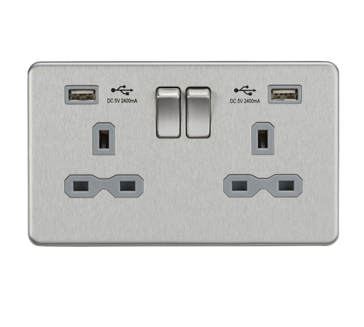 Knightsbridge SFR9224BCG Screwless 13A 2G Switched Socket + 2xUSB (2.4A) - Brushed Chrome + Grey Insert - westbasedirect.com