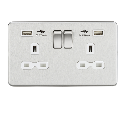 Knightsbridge SFR9224BCW Screwless 13A 2G Switched Socket + 2xUSB (2.4A) - Brushed Chrome + White Insert - westbasedirect.com