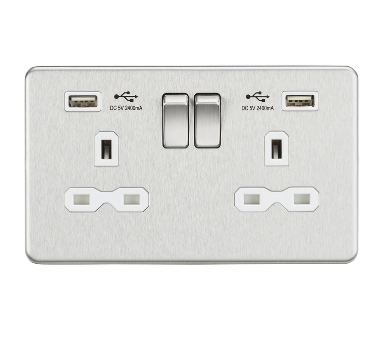 Knightsbridge SFR9224BCW Screwless 13A 2G Switched Socket + 2xUSB (2.4A) - Brushed Chrome + White Insert - westbasedirect.com