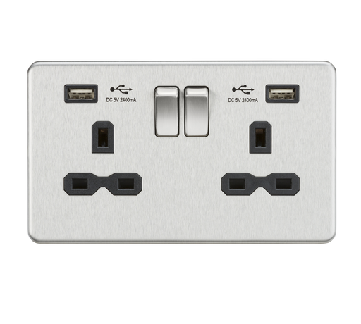 Knightsbridge SFR9224BC Screwless 13A 2G Switched Socket + 2xUSB (2.4A) - Brushed Chrome + Black Insert - westbasedirect.com