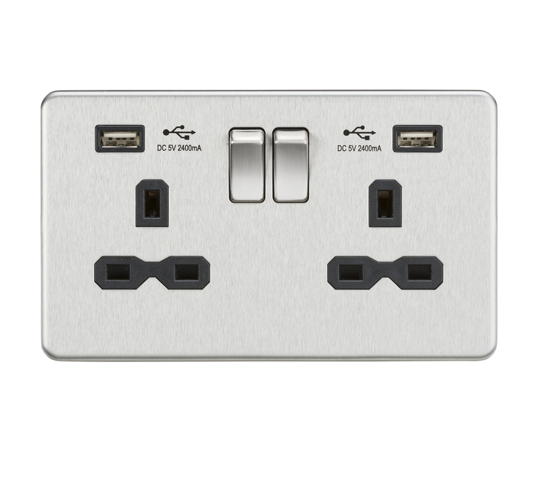 Knightsbridge SFR9224BC Screwless 13A 2G Switched Socket + 2xUSB (2.4A) - Brushed Chrome + Black Insert - westbasedirect.com