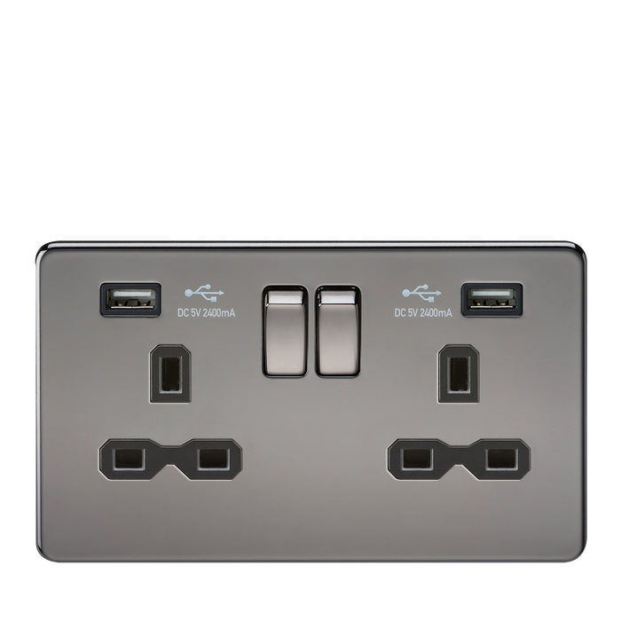 Knightsbridge SFR9224BN Screwless 13A 2G Switched Socket + 2xUSB (2.4A) - Black Nickel + Black Insert - westbasedirect.com