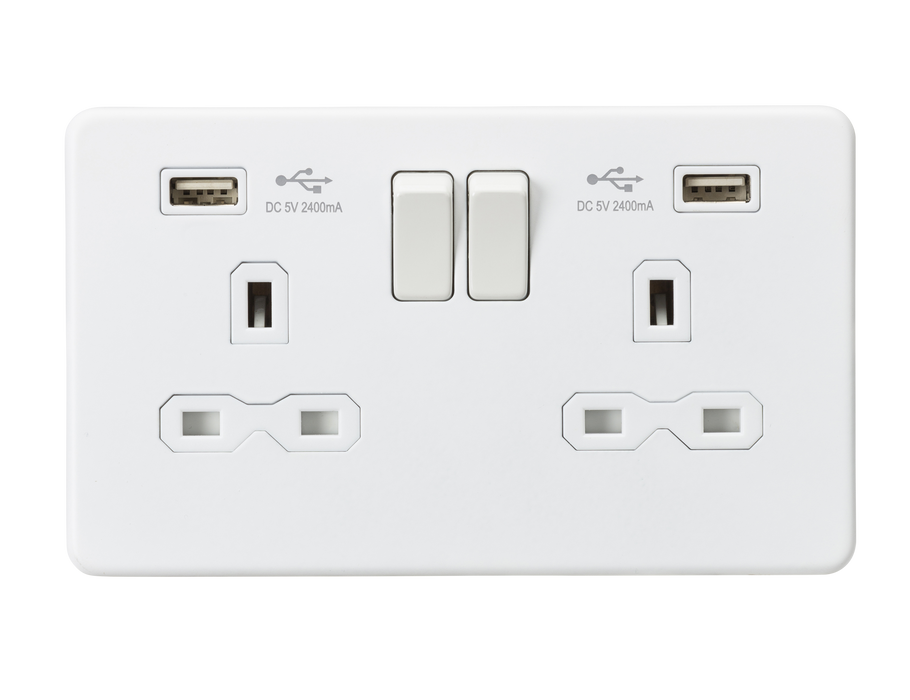 Knightsbridge SFR9224MW Screwless 13A 2G Switched Socket + 2xUSB (2.4A) - Matt White - westbasedirect.com