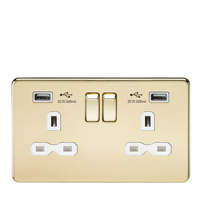 Knightsbridge SFR9224PBW Screwless 13A 2G Switch Socket + 2xUSB 2.4A - Polished Brass + White Insert - westbasedirect.com