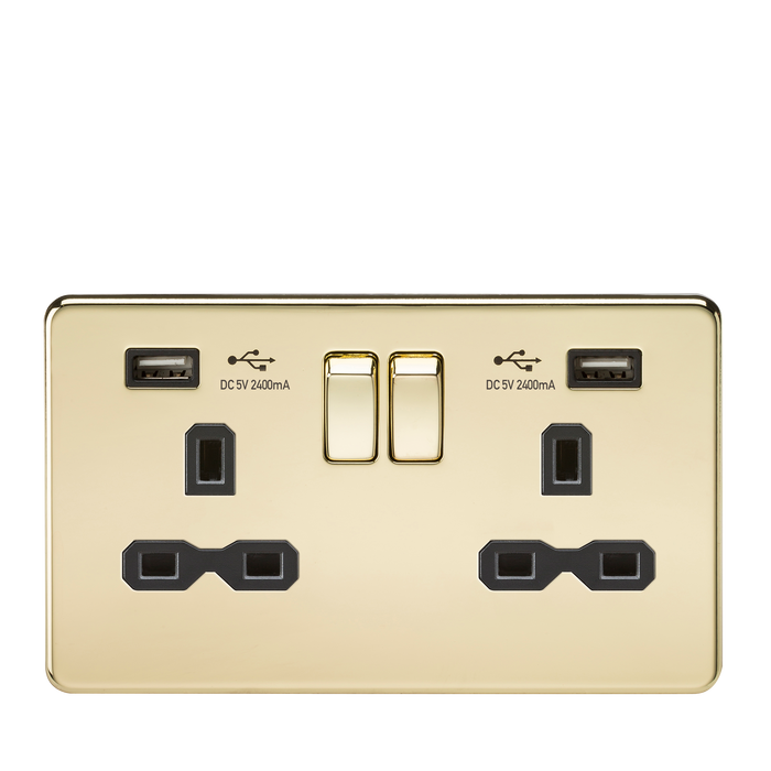 Knightsbridge SFR9224PB Screwless 13A 2G Switch Socket + 2xUSB 2.4A - Polished Brass + Black Insert - westbasedirect.com