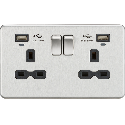 Knightsbridge SFR9904NBC Screwless 13A 2G Switched Socket + 2x USB (2.4A) + LED Indicators - Brushed Chrome + Black Insert - westbasedirect.com