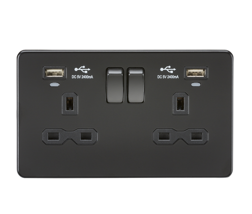 Knightsbridge SFR9904NMBB Screwless 13A 2G Switch Socket + 2xUSB 2.4A + LED Indicators - Matt Black + Black Rockers - westbasedirect.com