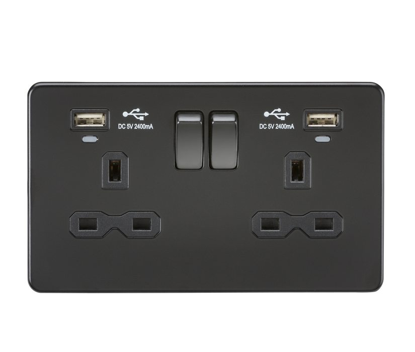 Knightsbridge SFR9904NMBB Screwless 13A 2G Switch Socket + 2xUSB 2.4A + LED Indicators - Matt Black + Black Rockers - westbasedirect.com