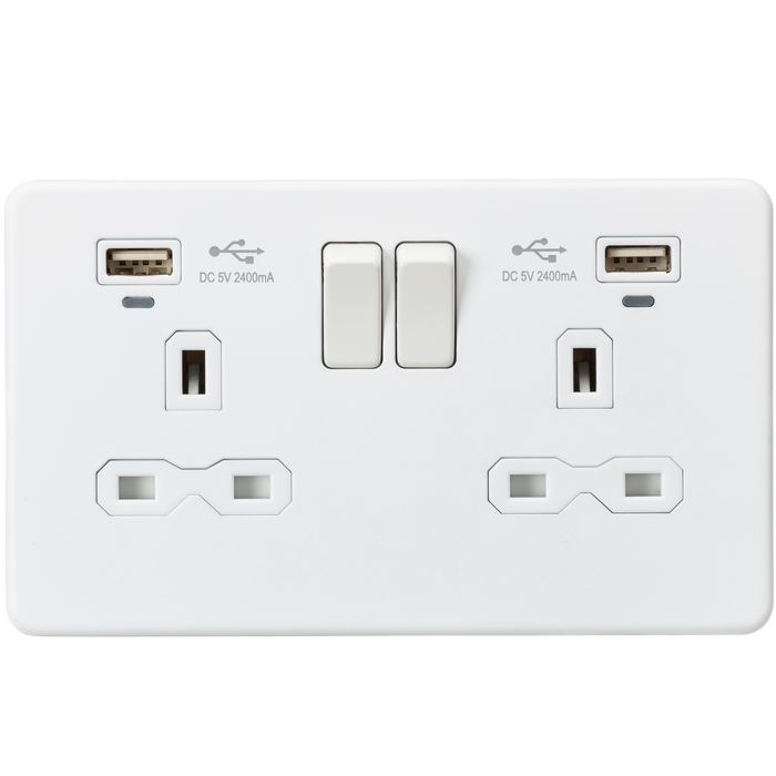 Knightsbridge SFR9904NMW Screwless 13A 2G Switched Socket + 2x USB (2.4A) + LED Indicators - Matt White - westbasedirect.com