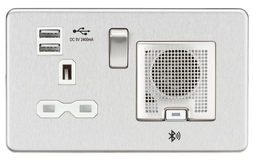 Knightsbridge SFR9905BCW Screwless 13A Socket + 2xUSB(2.4A) + Bluetooth Speaker - Brushed Chrome + White Insert - westbasedirect.com