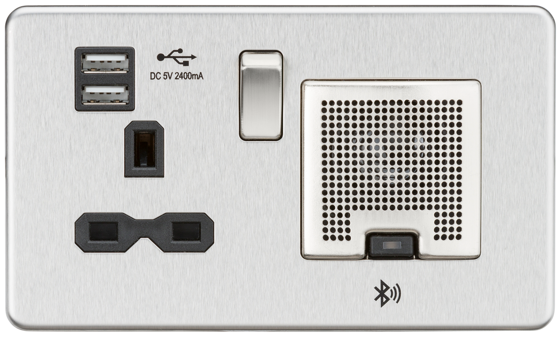 Knightsbridge SFR9905BC Screwless 13A Socket + 2xUSB(2.4A) + Bluetooth Speaker - Brushed Chrome + Black Insert - westbasedirect.com