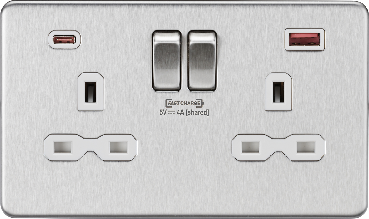 Knightsbridge SFR9909BCW Screwless 13A 2G DP Switched Socket + 2xUSB(A + C) FASTCHARGE - Brushed Chrome + White Insert - westbasedirect.com