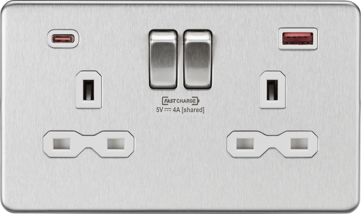 Knightsbridge SFR9909BCW Screwless 13A 2G DP Switched Socket + 2xUSB(A + C) FASTCHARGE - Brushed Chrome + White Insert - westbasedirect.com