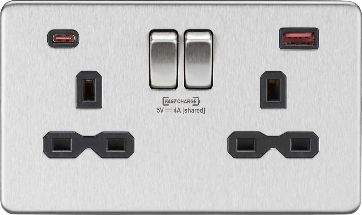 Knightsbridge SFR9909BC Screwless 13A 2G DP Switched Socket + 2xUSB(A + C) FASTCHARGE - Brushed Chrome + Black Insert - westbasedirect.com