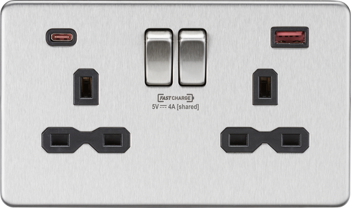 Knightsbridge SFR9909BC Screwless 13A 2G DP Switched Socket + 2xUSB(A + C) FASTCHARGE - Brushed Chrome + Black Insert - westbasedirect.com