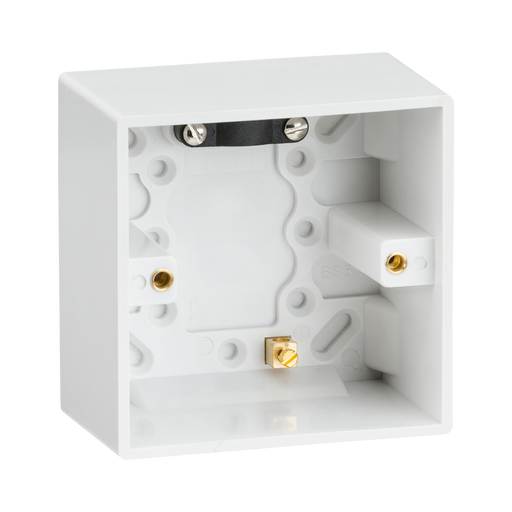 Knightsbridge SN1610 White Square Edge Single 47mm  Pattress Box + Earth Terminal - westbasedirect.com