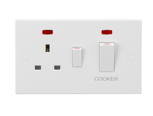 Knightsbridge SN8333NW White Square Edge 45A DP Cooker Switch + 13A Socket + Neons (White Rocker) - westbasedirect.com