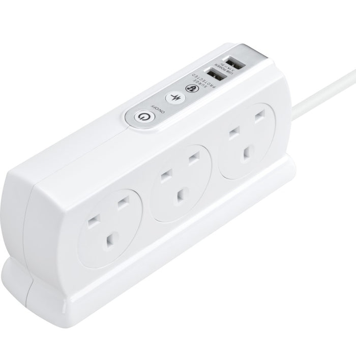 Masterplug SRGDSU62PW 6 Socket 2m 13A + 2x3.1A USB Switched Surge Compact Extension Lead Gloss White - westbasedirect.com