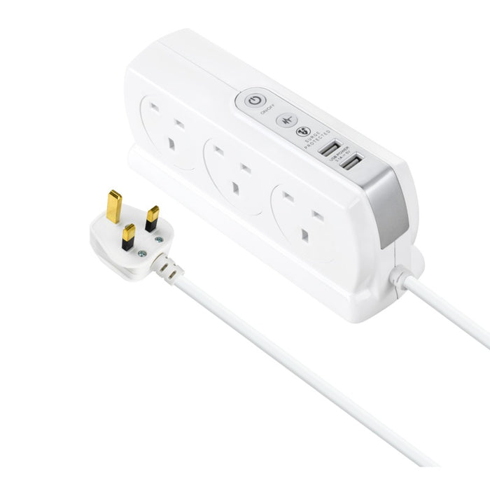 Masterplug SRGDSU62PW 6 Socket 2m 13A + 2x3.1A USB Switched Surge Compact Extension Lead Gloss White - westbasedirect.com