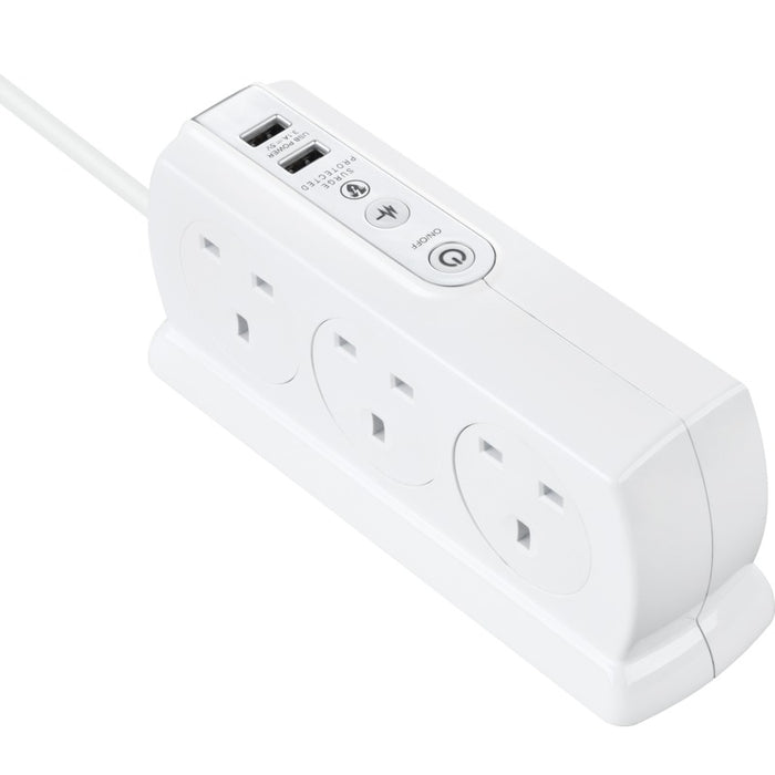 Masterplug SRGDSU62PW 6 Socket 2m 13A + 2x3.1A USB Switched Surge Compact Extension Lead Gloss White - westbasedirect.com