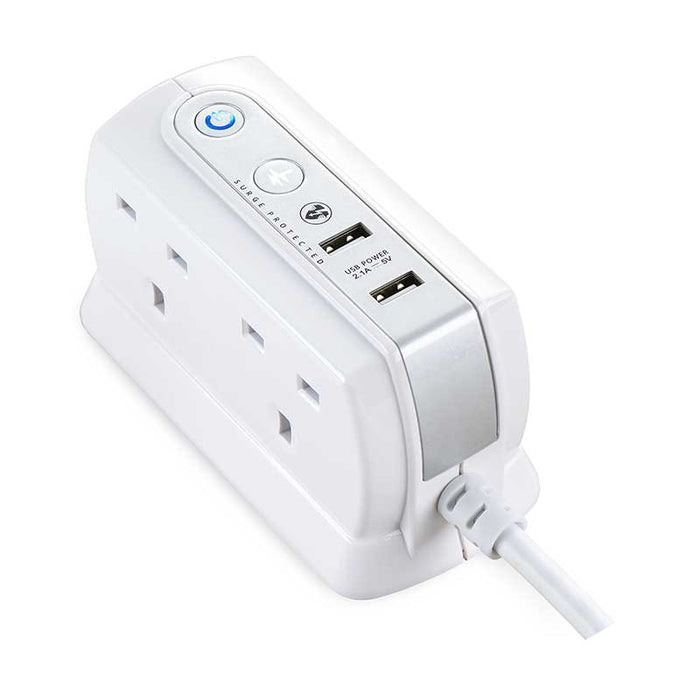 Masterplug 4 Socket 2m 13A + 2x3.1A USB Switched Surge Compact Extension Lead Gloss White - westbasedirect.com
