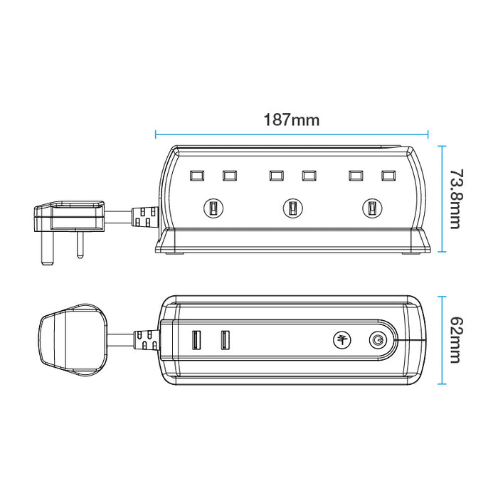 Masterplug 6 Socket 2m 13A + 2x3.1A USB Switched Surge Compact Extension Lead Gloss Black - westbasedirect.com