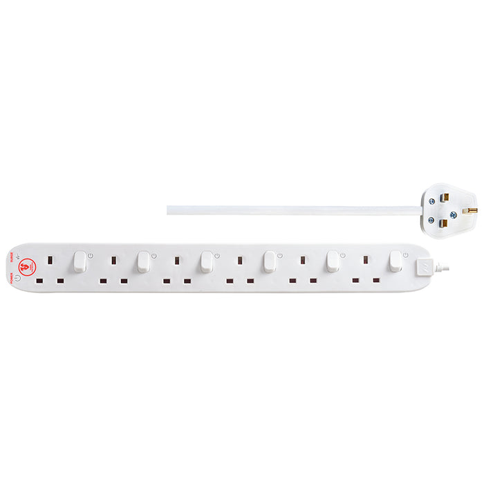 Masterplug 6 Socket 2m 13A Switched Surge Extension Lead + Indicator White - westbasedirect.com