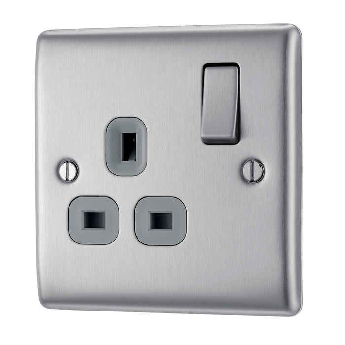 BG NBS21G Nexus Metal Single Socket 13A - Grey Insert - Brushed Steel - westbasedirect.com