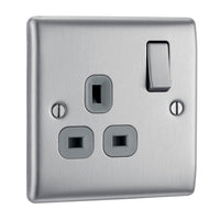 BG NBS21G Nexus Metal Single Socket 13A - Grey Insert - Brushed Steel