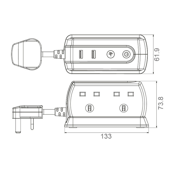 Masterplug 4 Socket 2m 13A + 2x3.1A USB Switched Surge Compact Extension Lead Gloss White - westbasedirect.com
