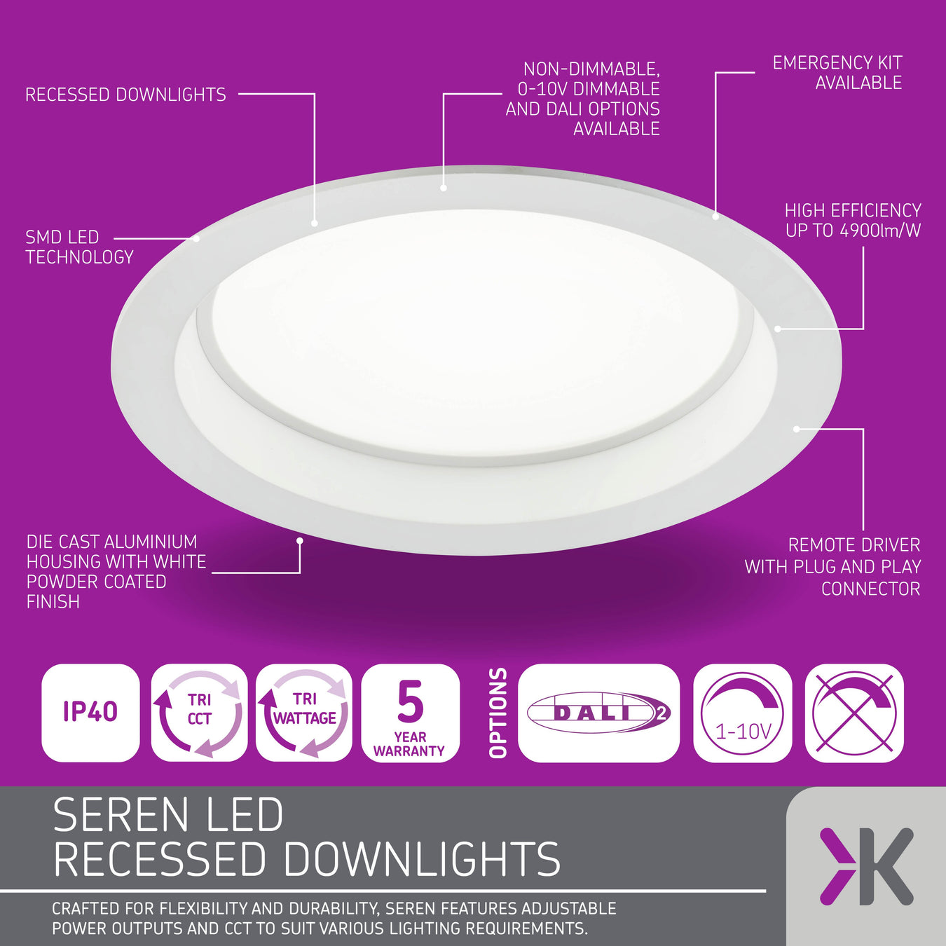 Knightsbridge SEREN LED Recessed Triple Wattage & CCT Downlights