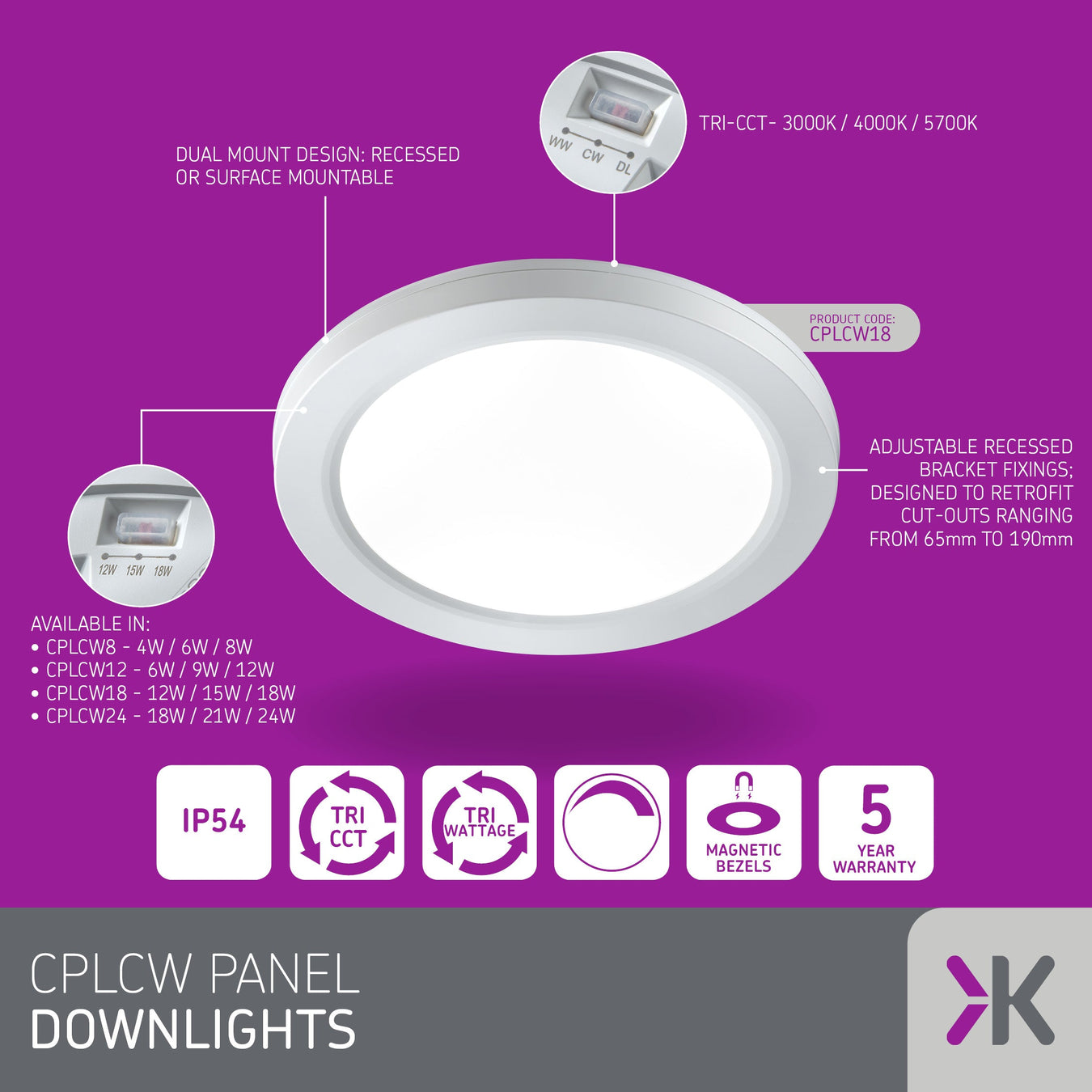 Knightsbridge CPLCW Tri-Wattage & CCT Dual-Mounting Dimmable LED Panels
