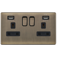 Selectric 5MPLUS-661 5M-PLUS Screwless 2 Gang 13A Switched Socket Outlet with 2x USB Type-A (2.1A/1A) - Antique Brass, Black Insert