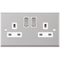 Selectric 7MPRO-122 7M-PRO 2 Gang 13A Switched DP Socket Outlet with 2 Earth Terminals - Satin Chrome, White Insert