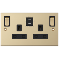 Selectric DSL868 5M 2 Gang 13A Switched SP Socket Outlet (Outboard Rockers) + 2 Earth Terminal with 2x USB Type-C (3A) - Satin Brass, Black Insert