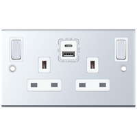 Selectric DSL386 5M 2 Gang 13A Switched SP Socket Outlet (Outboard Rockers) + 2 Earth Terminal with 1x USB Type-A (2.4A) & 1x USB Type-C (3A) - Polished Chrome, White Insert