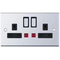 Selectric 7MPRO-524 7M-PRO 2 Gang 13A Switched DP Socket Outlet with Neon - Polished Chrome, Black Insert