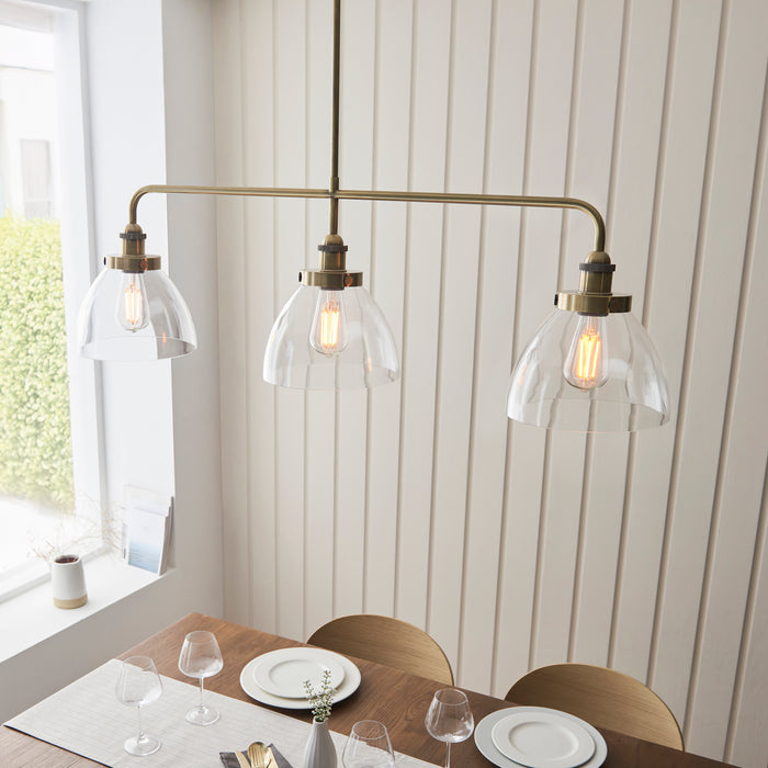 Endon 103014 Hansen 3lt Linear Pendant Antique brass plate & clear glass 3 x 10W LED E27 (Required) - westbasedirect.com