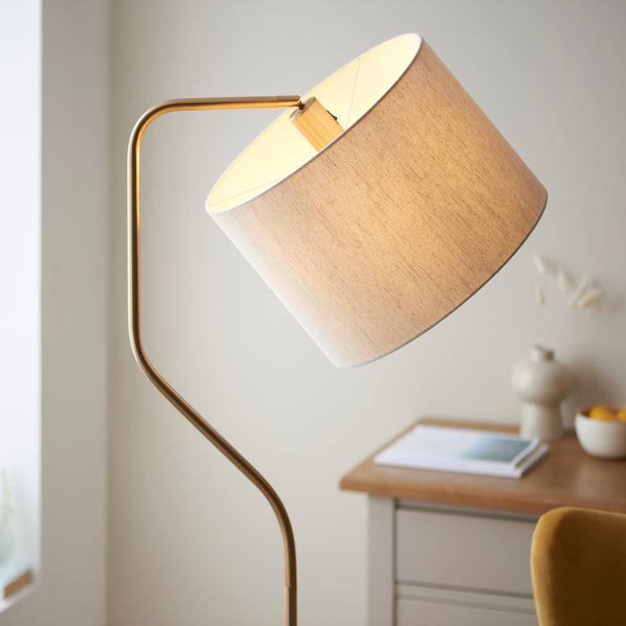Endon 108022 Clement Floor Br aged brass plate & natural linen mix fabric 10W LED E27 (Required) - westbasedirect.com