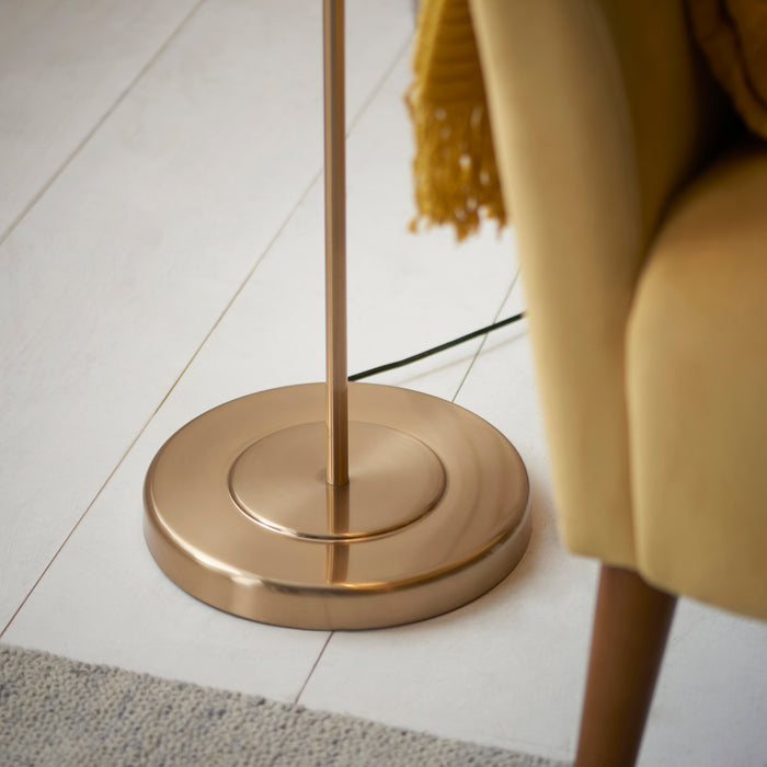 Endon 108022 Clement Floor Br aged brass plate & natural linen mix fabric 10W LED E27 (Required) - westbasedirect.com