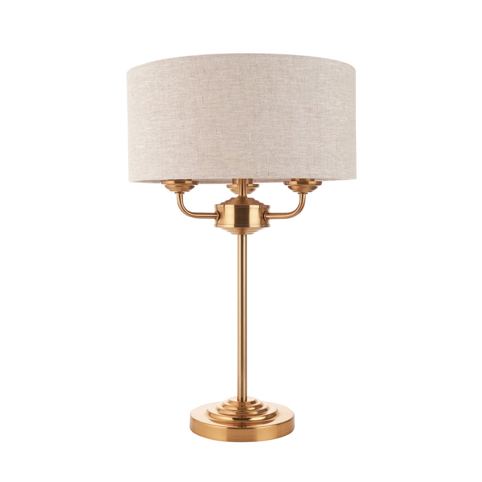 Endon 110721 Highclere 3lt Table Vintage brass & natural linen 3 x 7W LED E14 (Required) - westbasedirect.com