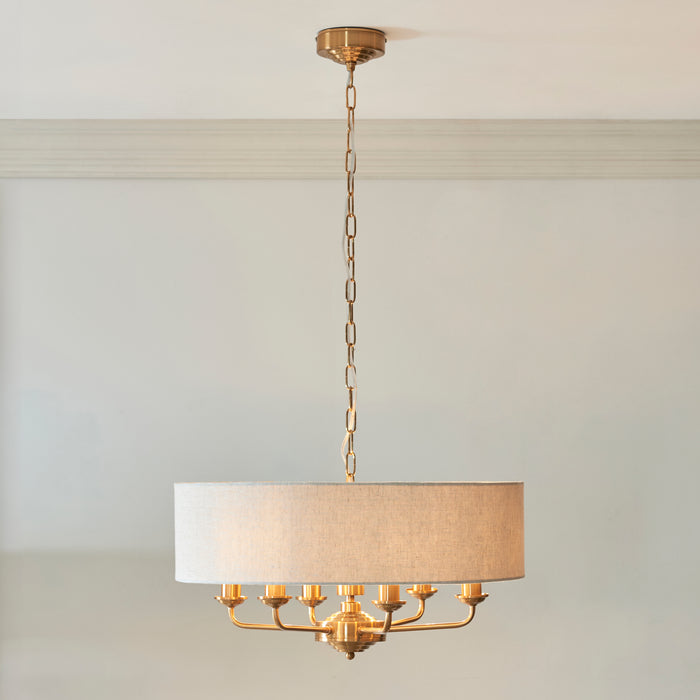 Endon 110722 Highclere 6lt Pendant Vintage brass & natural linen 6 x 6W LED E14 (Required) - westbasedirect.com