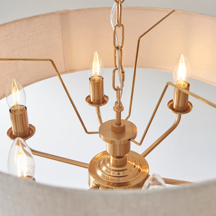 Endon 110722 Highclere 6lt Pendant Vintage brass & natural linen 6 x 6W LED E14 (Required) - westbasedirect.com